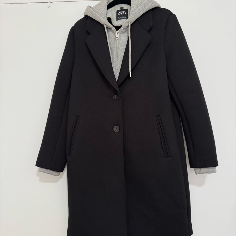 Zara Women's Black Ponte Coat with Gray Hoodie Insert